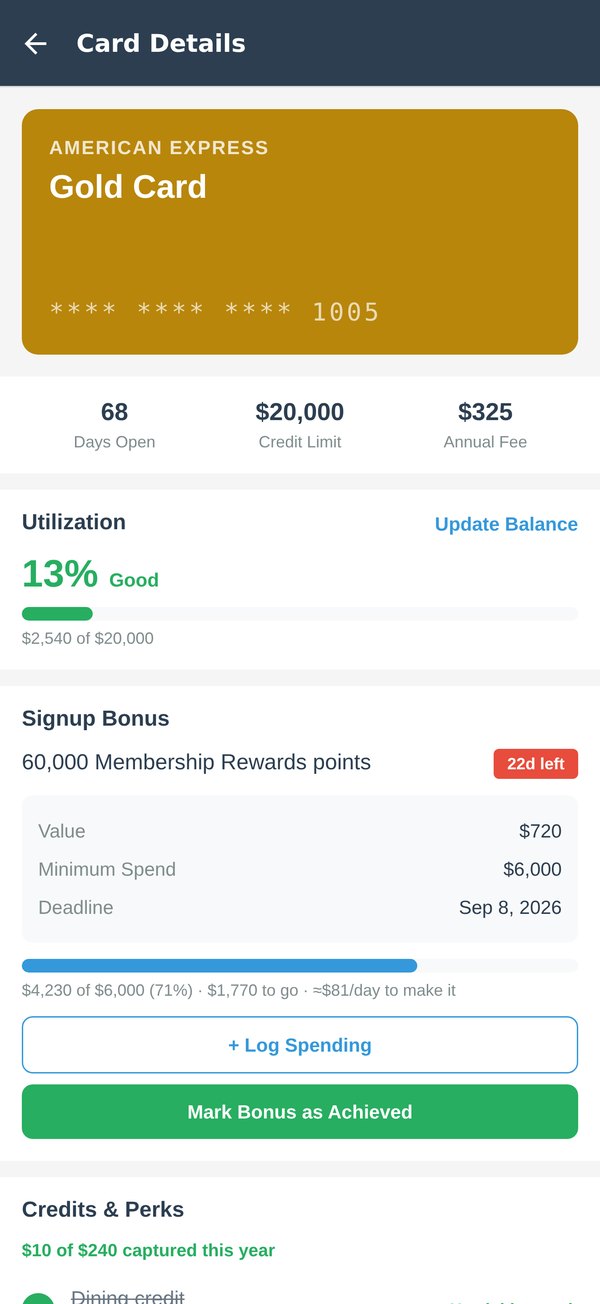 Sign-up bonus tracking: 60,000 points, $4,230 of $6,000 spent, 71% done, 22 days left, and the daily pace needed