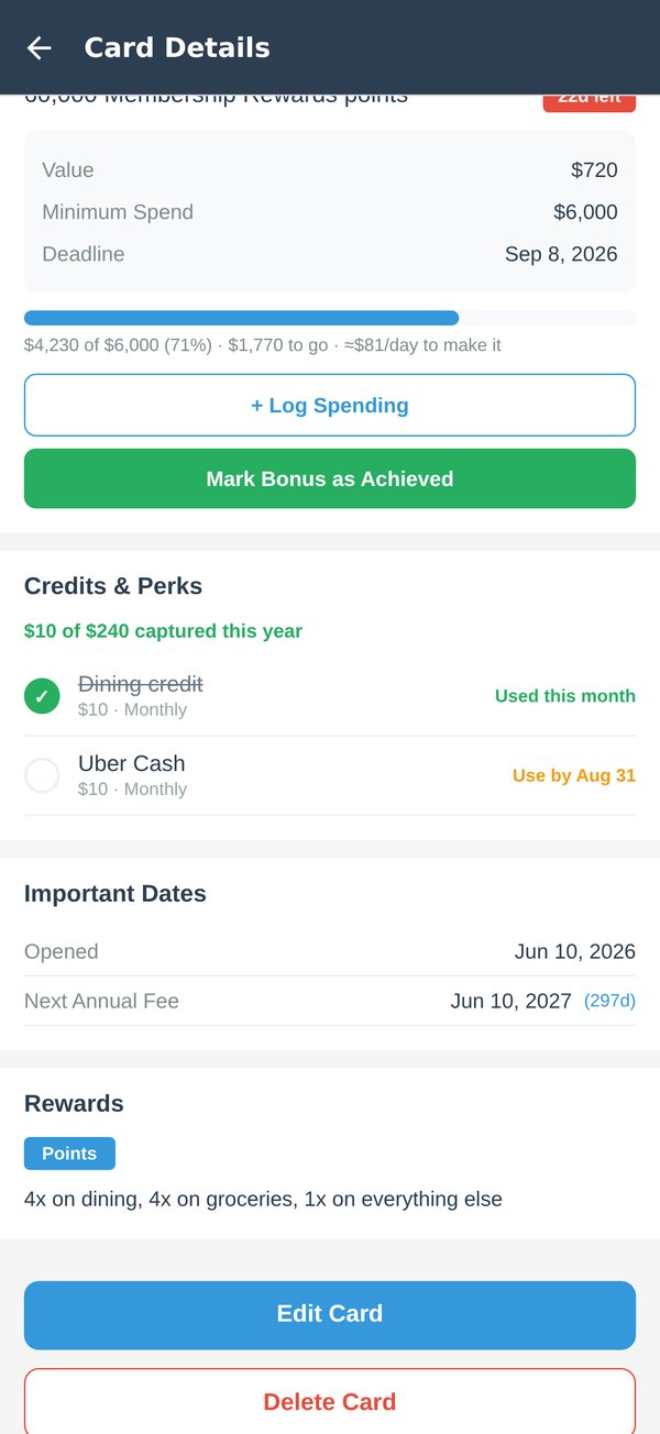 The Credits and Perks checklist: dining credit used this month, Uber Cash still to use by Aug 31, $10 of $240 captured this year
