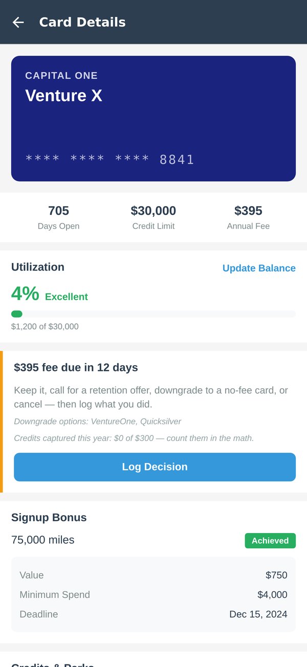 A Venture X fee decision in the app: $395 due in 12 days, with keep, retention call, downgrade, and cancel options plus downgrade suggestions