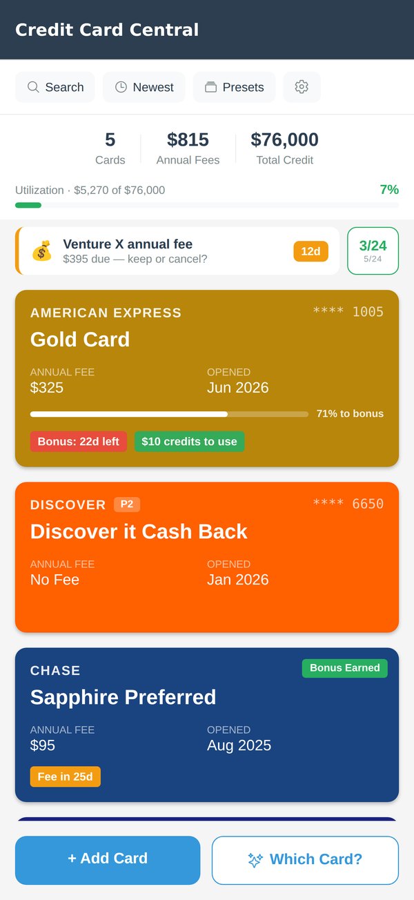 The Credit Card Central dashboard: five cards, $815 in tracked annual fees, 7% utilization, and a Venture X fee alert due in 12 days